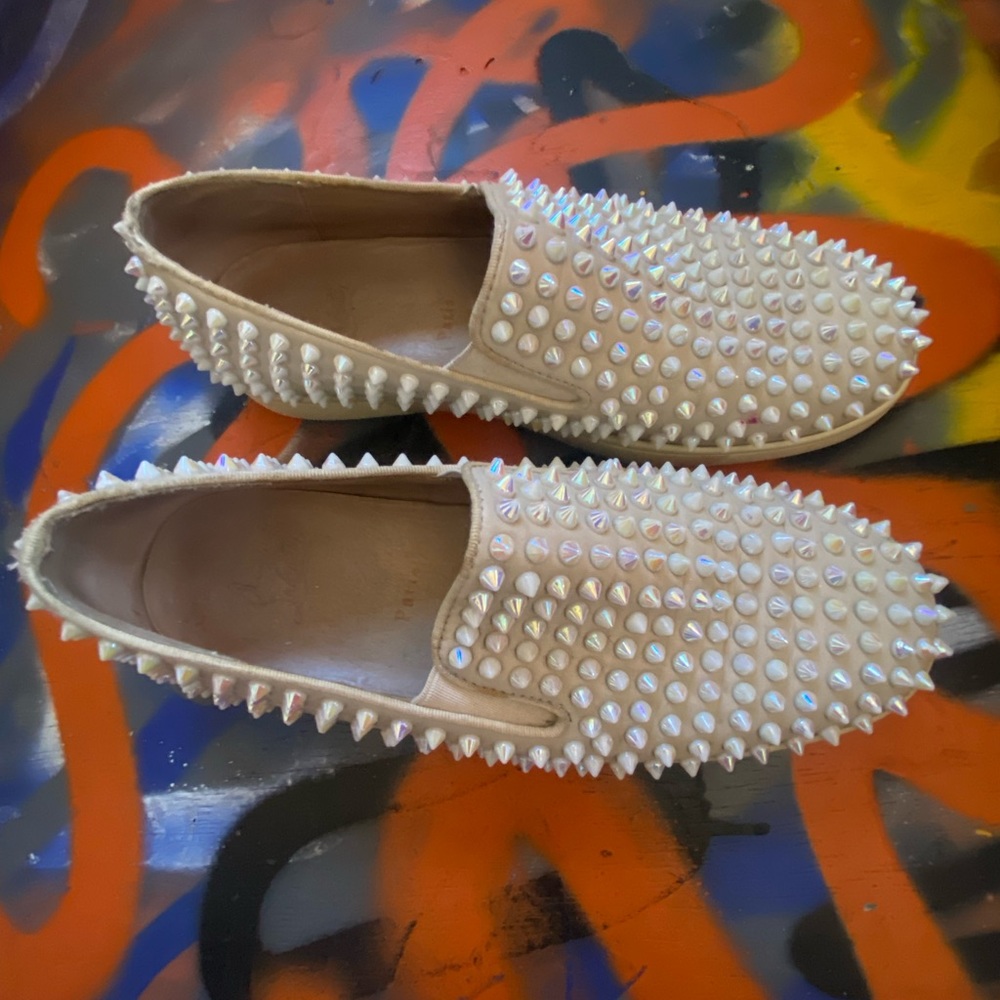 Christian Louboutin - Cream Chrome Spike Loafer